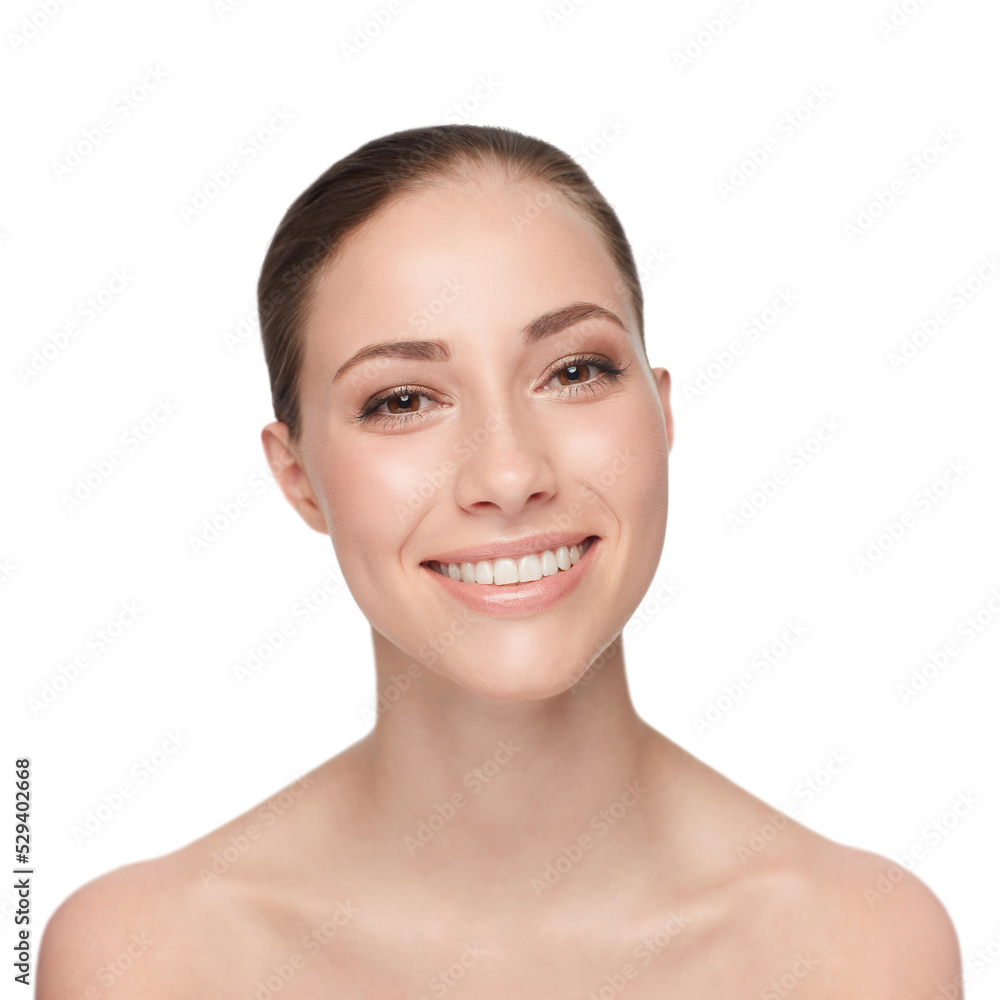 Skincare, beauty and face of a woman with a happy smile, teeth and clean skin on a png, transparent and isolated or mockup background. Portrait of good hygiene, health and dental care or wellness