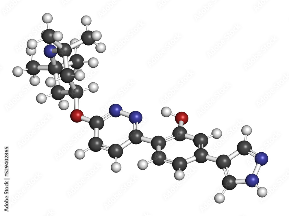 Branaplam SMA drug molecule. 3D rendering. Atoms are represented as spheres with conventional color coding: hydrogen (white), carbon (grey), nitrogen (blue), oxygen (red). Branaplam SMA drug molecule. 3D rendering. Atoms are represented as spheres with conventional color coding: hydrogen (white), carbon (grey), nitrogen (blue), oxygen (red).