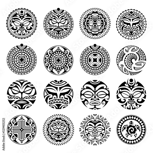 Set of round Maori tattoo ornament with sun symbols face and swastika. African, maya, aztec, ethnic, tribal style.