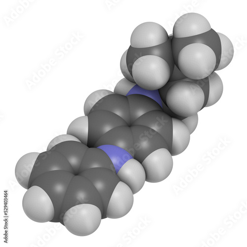 6PPD rubber additive molecule. Toxic to salmon. 3D rendering. Atoms are represented as spheres with conventional color coding: hydrogen (white), carbon (grey), oxygen (red), nitrogen (blue). photo