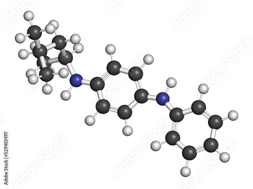 6PPD rubber additive molecule. Toxic to salmon. 3D rendering. Atoms are represented as spheres with conventional color coding: hydrogen (white), carbon (grey), oxygen (red), nitrogen (blue).