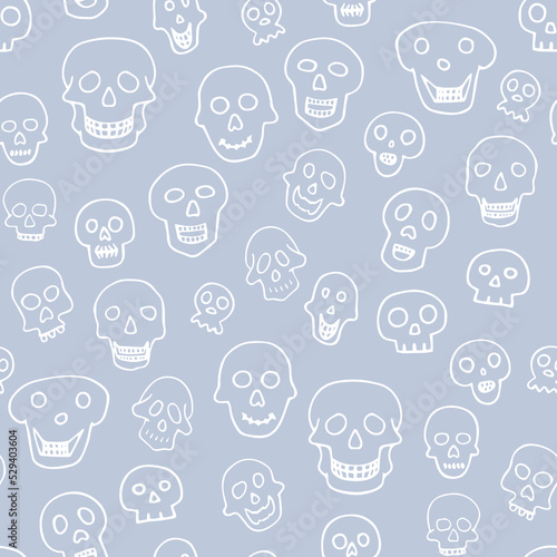 Doodle Halloween sculls seamless pattern. Outline Skeleton on blue background. Hand-drawn scary cranium. Mystical sketch character. Vector illustration for spooky autumn holiday, The day of the Dead