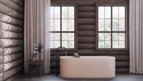 Wooden farmhouse log cabin in dark and beige tones. Vintage bathroom with bathtub  panoramic windows  rustic interior design