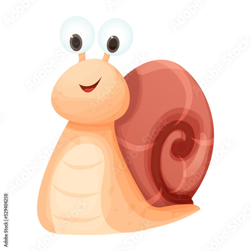 Snail funny cheerful and smiling character with shell in cartoon style isolated on white background. Cute character, positive emotion. Character slug
