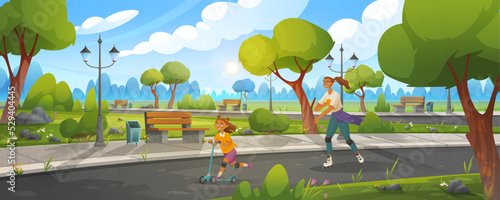 Girls rollerblading and riding scooter in nature. Happy people spending free time in city park. Natural landscape with trees and greenery of spring. Female characters doing active sport outdoor