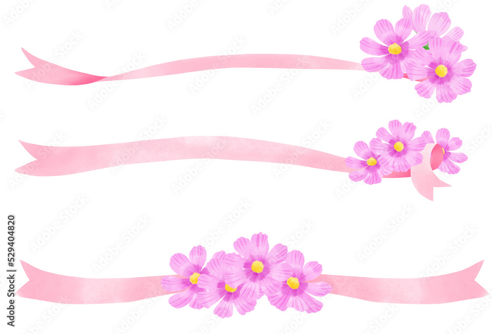 ピンクのリボンとコスモスの飾り罫/Decorative border of pink ribbon and cosmos ピンクのリボンとコスモスの飾り罫/Decorative border of pink ribbon and cosmos