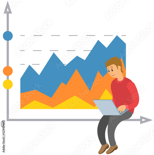 Analytics information and development statistics. Web analysis measure, product testing technology. Man analyses dashboard seo optimization, digital report. Statistical indicators and data on diagram