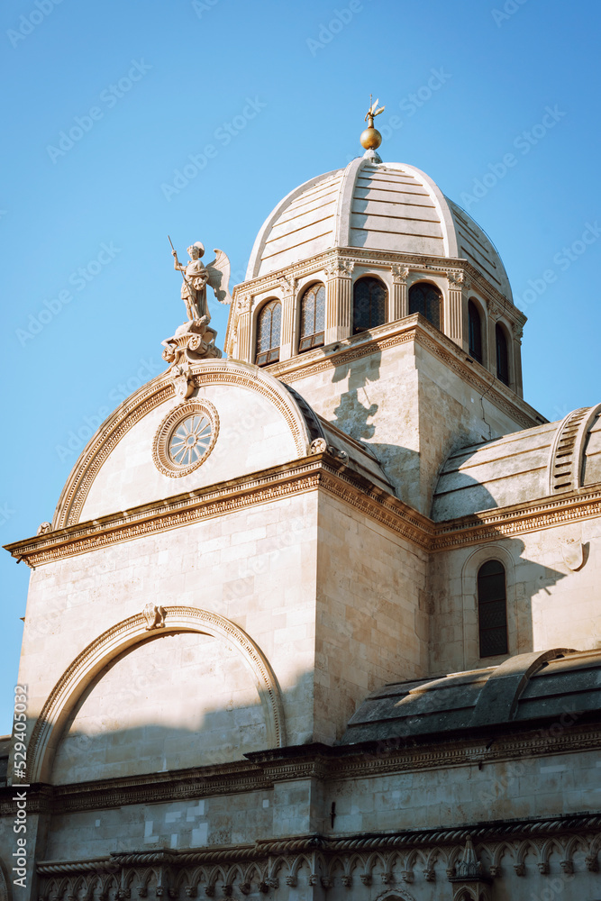 Particulars of The Cathedral of St. James against blue sky. Sibenik, Croatia