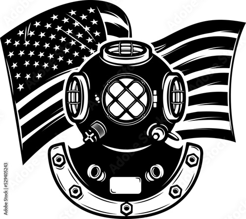 Diver helmet on usa flag background. Design element for poster, card, banner, design. Vector illustration