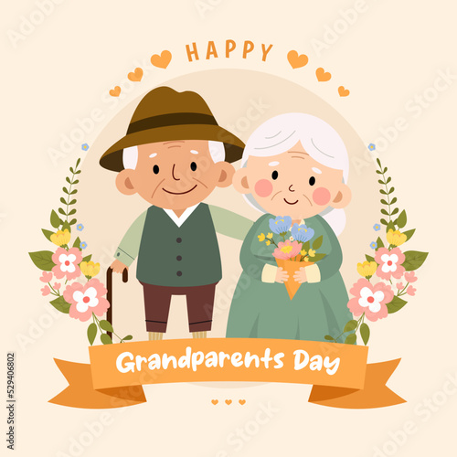 Happy Grandparents day greeting card Vector illustration. Cute cartoon grandparent on vintage beige color background.