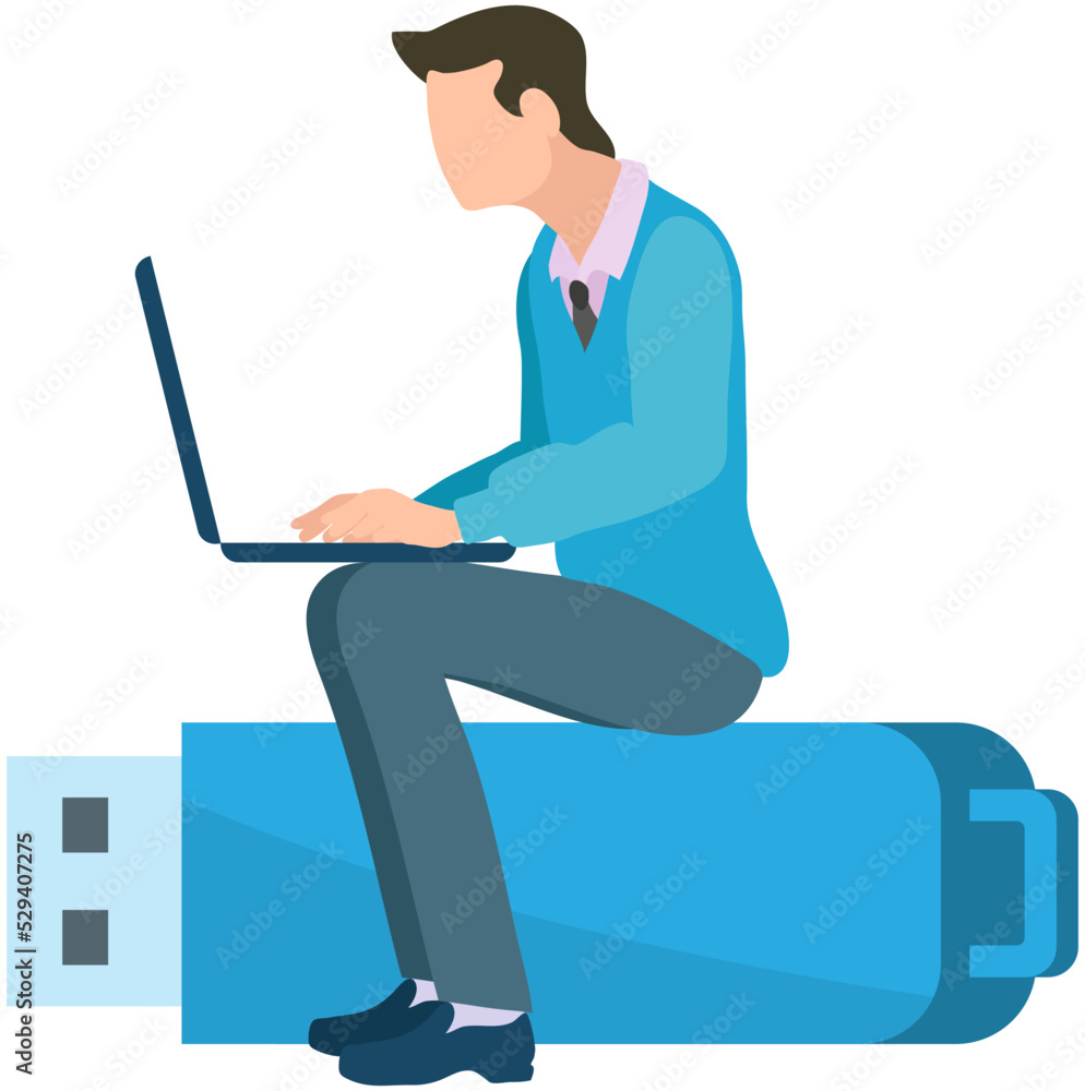 Business man with laptop sitting on usb flash drive digital device. Freelancer or office worker works with data. Programmer creates files with information and writes them to temporary storage Business man with laptop sitting on usb flash drive digital device. Freelancer or office worker works with data. Programmer creates files with information and writes them to temporary storage