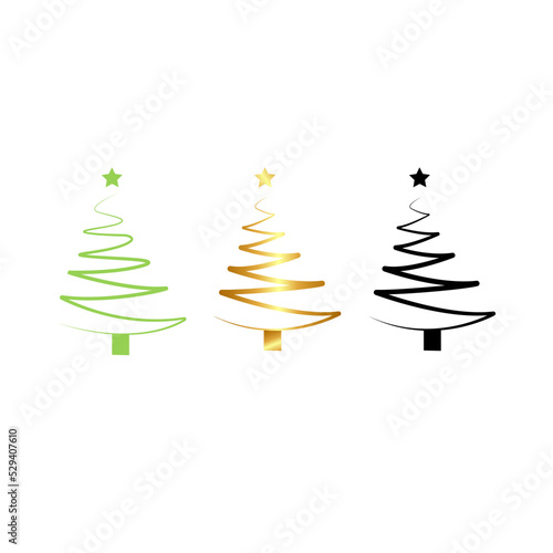 A set of illustrations of Christmas trees. The Christmas tree with a star is green, black, gold.