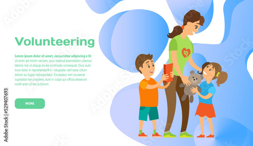 Volunteering online, help people with disabilities, assistance to orphans, caring to kid. Charity donation website landing page tamplate. Woman giving toys to children. Support for kids in orphanage