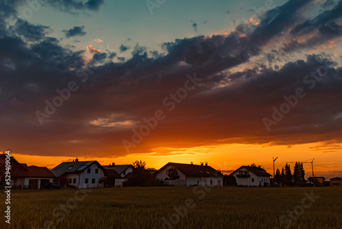 Beautiful sunset with a dramatic sky near Tabertshausen  Bavaria  Germany