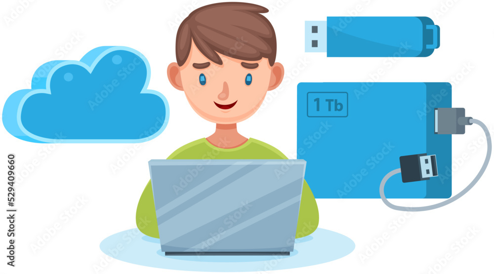 Man sitting using laptop working in field of cloud storage, save information to flash drive. Chatting, communication and sending messages via Internet. Social networking, online home relaxation Man sitting using laptop working in field of cloud storage, save information to flash drive. Chatting, communication and sending messages via Internet. Social networking, online home relaxation