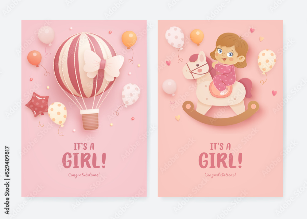 Set of baby shower invitation with cartoon girl, horse, hot air balloon, helium balloons and hearts on pink background. It's a girl. Vector illustration