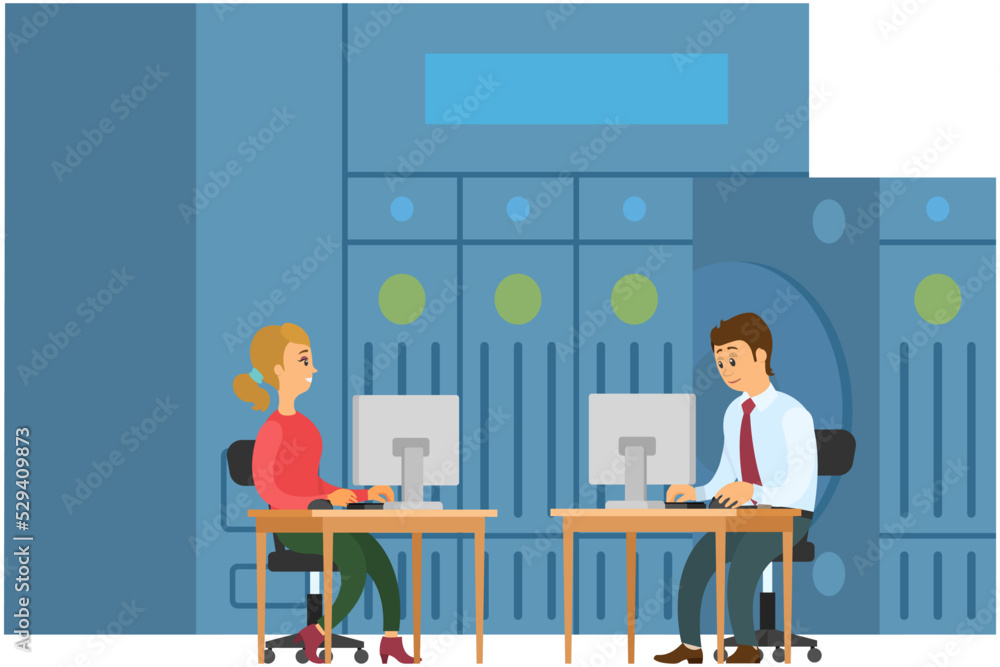 Web hosting and administrators in virtual server room, datacenter and database cloud storage, memory slot, futuristic technology, VPN system, data processing and encryption, employees programmers Web hosting and administrators in virtual server room, datacenter and database cloud storage, memory slot, futuristic technology, VPN system, data processing and encryption, employees programmers