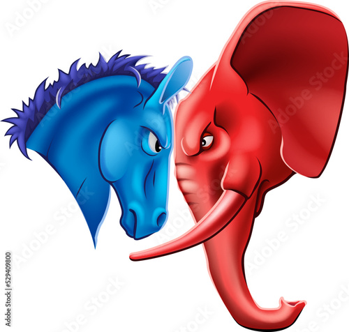 Elephant and donkey politics party debate fight election face off concept