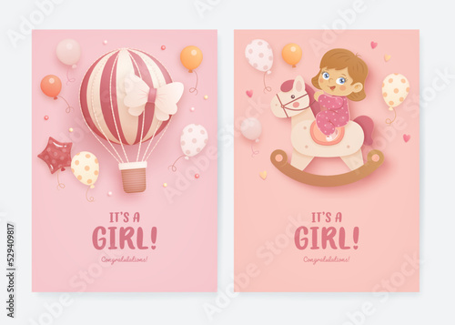 Set of baby shower invitation with cartoon girl, horse, hot air balloon, helium balloons and hearts on pink background. It's a girl. Vector illustration