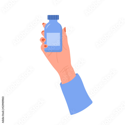 Female hand holding pills bottle. Healthcare concept. Woman drinks antidepressants. Vector illustration in flat cartoon style. Medication and pharmaceutical drug.