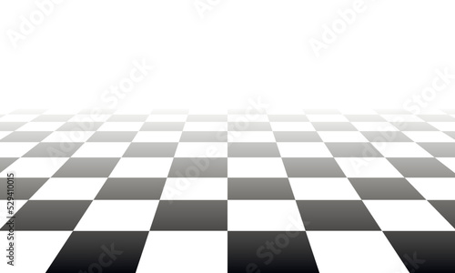 Checkered background in perspective. Black and white square pattern with vanishing effect.