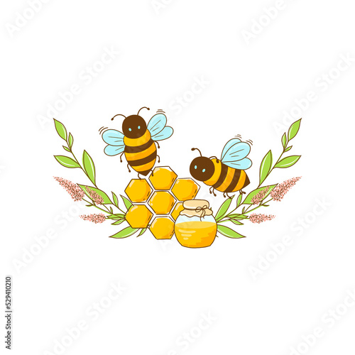 Honey bee, print with bees honey grass and flowers for fabric, dishes, T-shirts, paper. Without background.