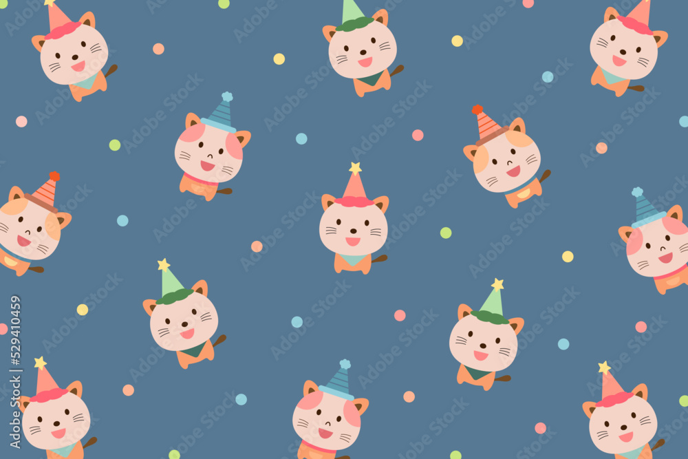 Cute cat and hat pattern with colorful polka dot isolate on blue background. Creative for print, screen, wallpaper, textile or cover.Vector.Illuatration.