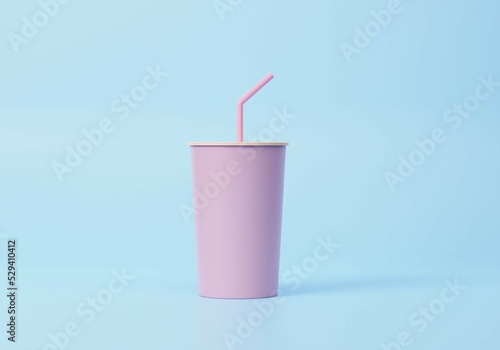 Paper, plastic beverage cup with tube for soda, juice, coffee, tea. Fast food. 3d rendering icon. Cartoon minimal style.