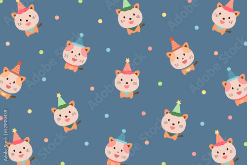 Cute cat and hat pattern with colorful polka dot isolate on blue background. Creative for print, screen, wallpaper, textile or cover.Vector.Illuatration.
