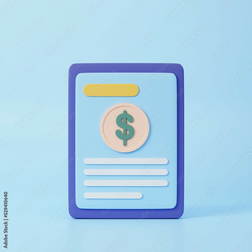 Paper document, clipboard with money sign. Tax form, invoice, contract. 3d rendering icon. Cartoon minimal style. Paper document, clipboard with money sign. Tax form, invoice, contract. 3d rendering icon. Cartoon minimal style.