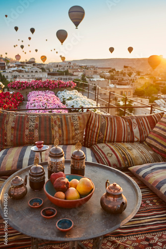 Balloons in rose valley, Cappadocia. Sunrise in Goreme. Turkey