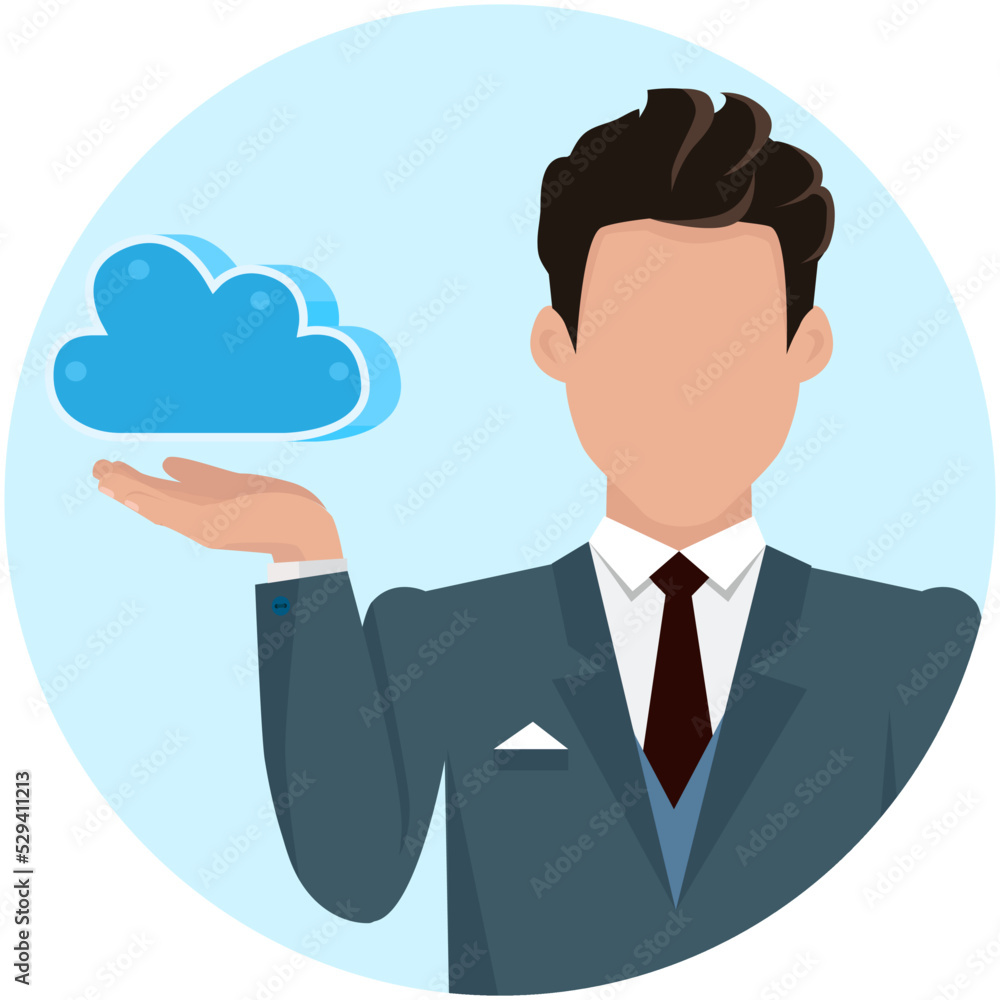 Cloud data storage business technology server concept web vector with businessman holding spot. Man designs and creates application. Blue cloud storage button, data is stored on clients servers