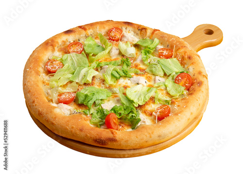 Pizza with tomatoes and salad on a wooden stand. Transparent.