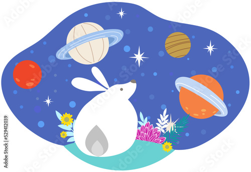 Cute white rabbit staring for falling stars at night sky. Cartoon hare looks at planets and setellites. Night light background, lovely animal in romantic dream. Rabbit looking at stars in space