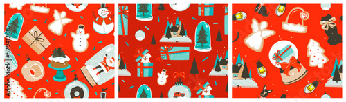 Hand drawn vector abstract graphic Merry Christmas and Happy New Year cartoon,illustrations seamless patterns collection set with Santa Claus,gift box and Christmas tree.Christmas background design.