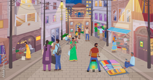 Indian market with people and different shops with ancient cityscape at background. Ceramics, fabrics, carteps, spices, sweets, vegetables. Asian characters, oriental bazaar, authentic marketplace