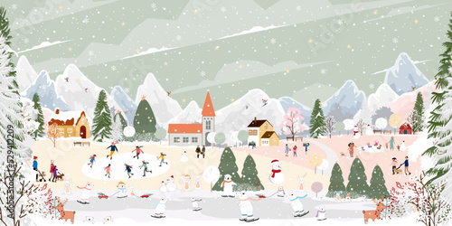 Winter landscape with happy people,polar bear and rabbit playing ice skate in the park,Vector banner Winter wonderland bunny and bear celebrating in forest,Merry Christmas and New year 2023 background