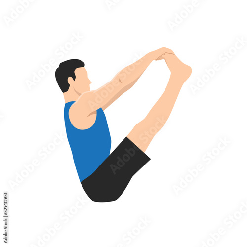 Man doing Both Big Toe Pose, Double Toe Hold, Balancing Stick Pose, Dronasana. Practice Ubhaya Padangusthasana. Flat vector illustration isolated on white background photo