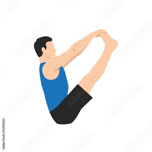 Man doing Both Big Toe Pose, Double Toe Hold, Balancing Stick Pose, Dronasana. Practice Ubhaya Padangusthasana. Flat vector illustration isolated on white background