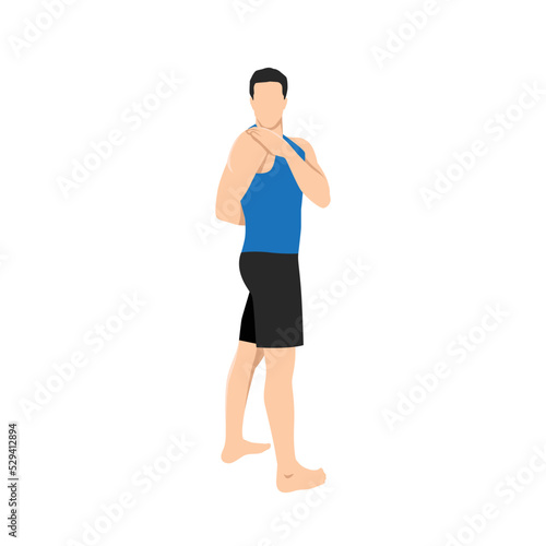 Man doing Standing Spinal Twist Pose l. Beautiful girl practice Katichakrasana l. Flat vector illustration isolated on white background