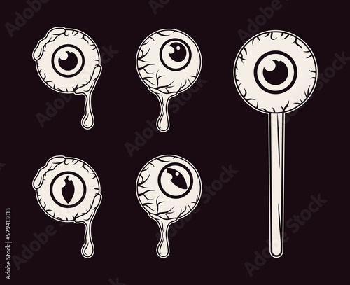 Halloween set of human eyes in vintage style. Single eyeballs with drops of snot, slime, eye on stick like lollypop. Round human eye pupil, cat eye pupil. Monochromr illustration for Halloween photo