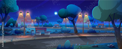 Spring weather, lightning, thunder and storm at night. Thunderstorm and heavy rain, spring weather. Night view of city park vector illustration. Evening park or garden with trees and benches