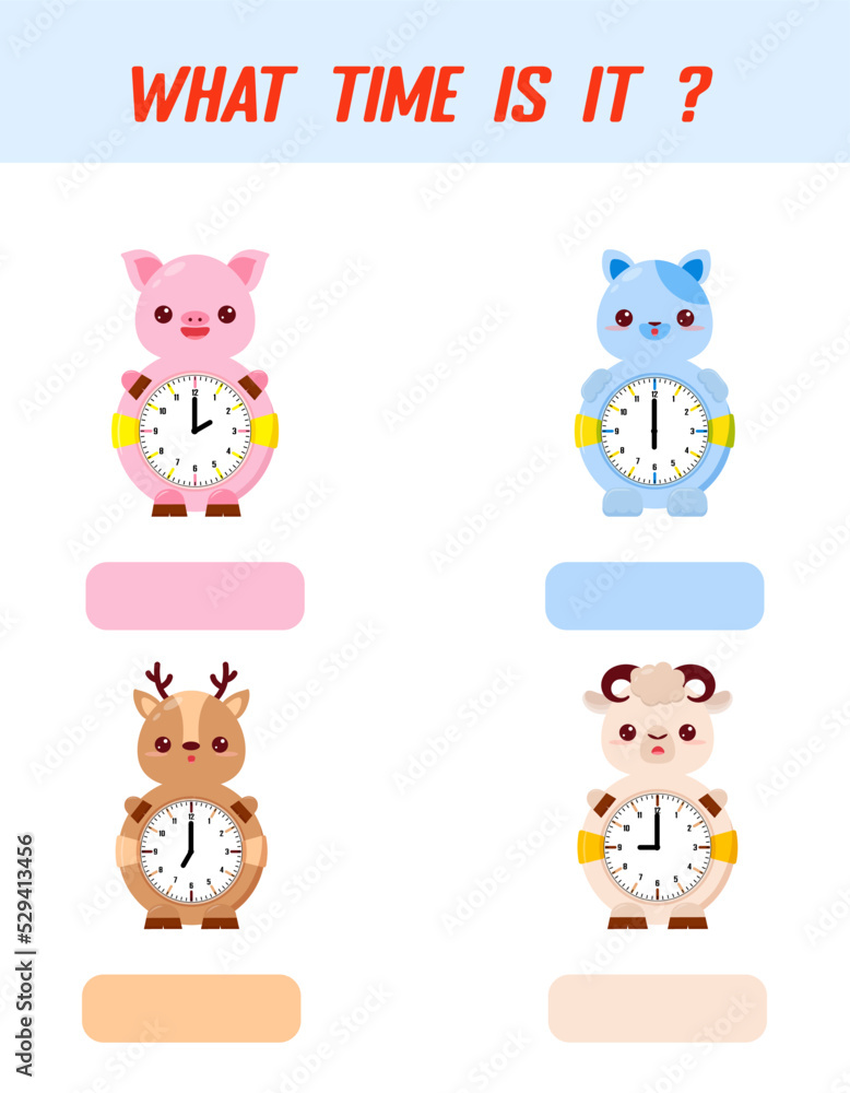 What time is it? Learning time on the clock. Educational activity worksheet for kids and toddlers. Preschool game. Puzzle with clock .   Education Game for Children.