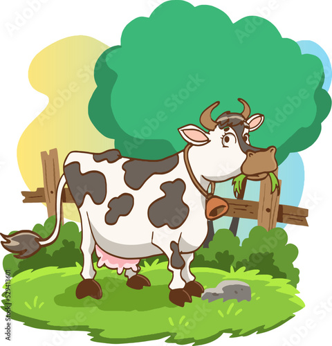 illustration of Cartoon cow standing on grass
