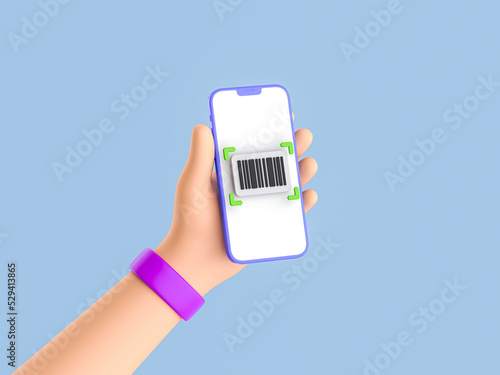 Cartoon hand with Mobile phone scanning Barcode. Bar code scan to smartphone. Qr code for payment. Verification. 3d render
