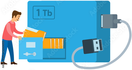 Data storage on portable device. Man stacking folders with information in external hard disk drive with USB cable isolated on white background. Portable extern HDD. Memory drive equipment, hardware