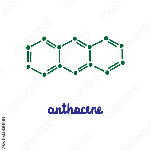 Anthacene hand drawn vector formula chemical structure lettering blue green