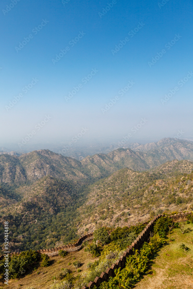 Panoramic view at the wall and surroundings of Kumbhalgarh Fort, Rajasthan, India, Asia