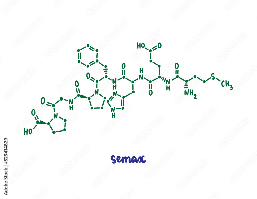 Semax hand drawn vector formula chemical structure lettering blue green Semax hand drawn vector formula chemical structure lettering blue green