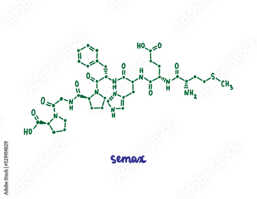 Semax hand drawn vector formula chemical structure lettering blue green